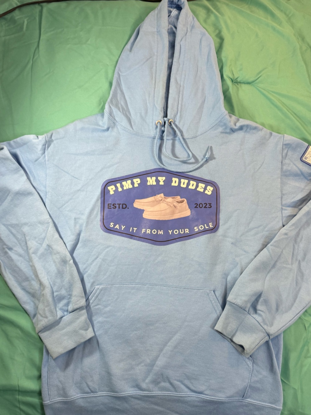 Pimp My Dudes Light Blue Pullover Hoodie Tourist Fisherman with Chest Patch Y2K